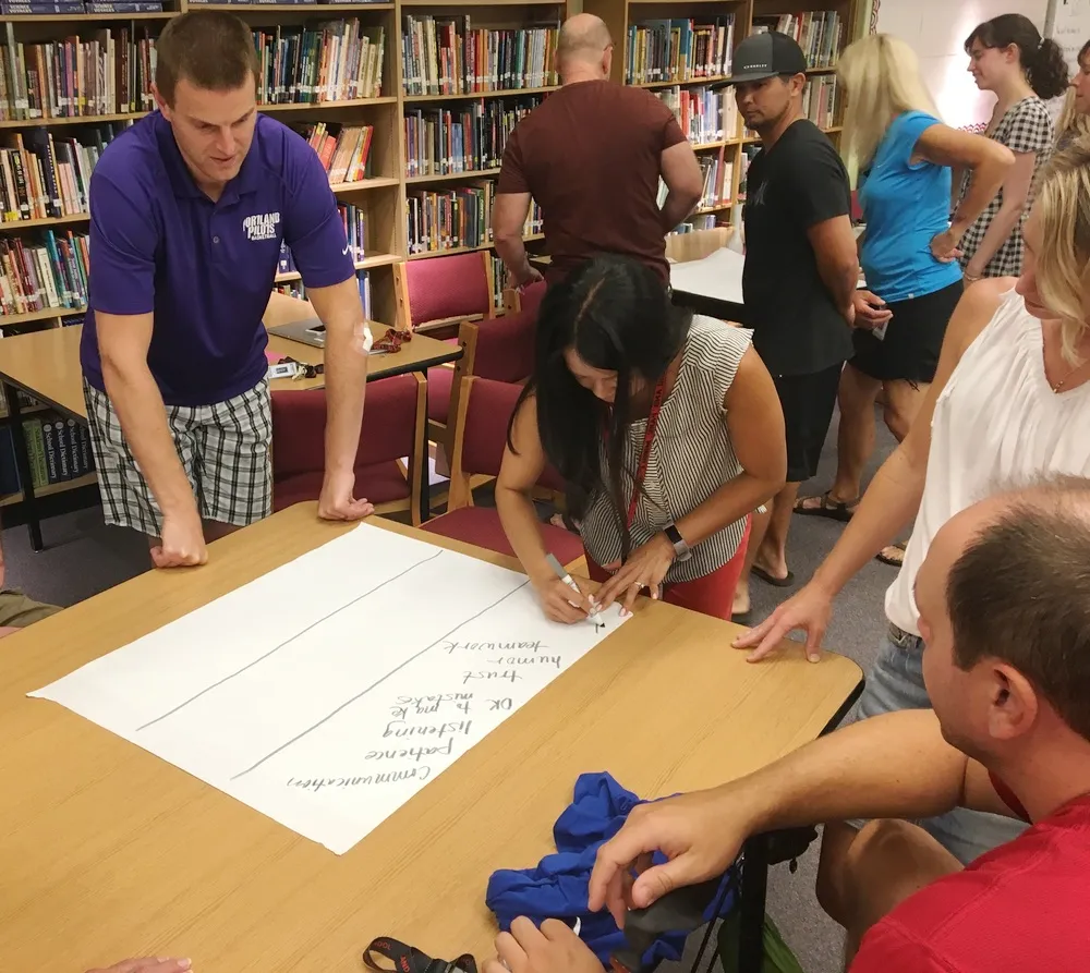 Team engaged in brainstorming exercise during an applied improv workshop
